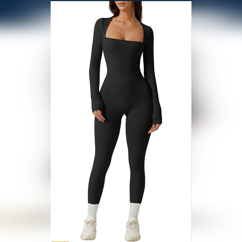 QINSEN Woman's Square Neck Long Sleeve High Waist Long Leggings Jumpsuit Black S